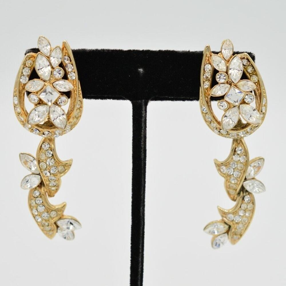 Vintage Crystal Floral Earrings Dangle Gold Rhinestone Shiny NOS 1980s BinH